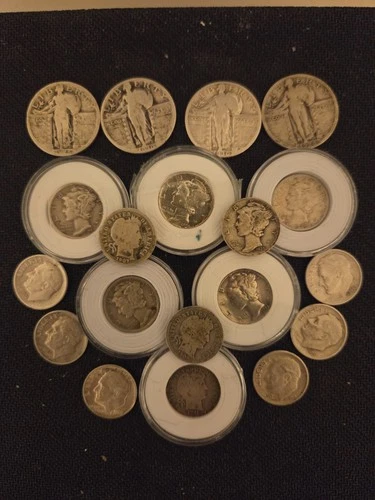 A MIX OF 90% SILVER COINS 4 STANDING LIBERTY QUARTERS 15 DIMES  3 STYLES $2.50