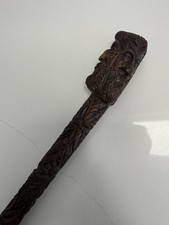 FANTASTIC ANTIQUE FOLK ART HAND CARVED WALKING STICK - FACES & SNAKE ETC