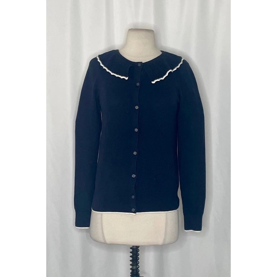 Cárdigan Suéter BODEN Cuello Volantes Mezcla Lana Azul Marino Blanco Preppy X-Pequeño Foto 2 de 4