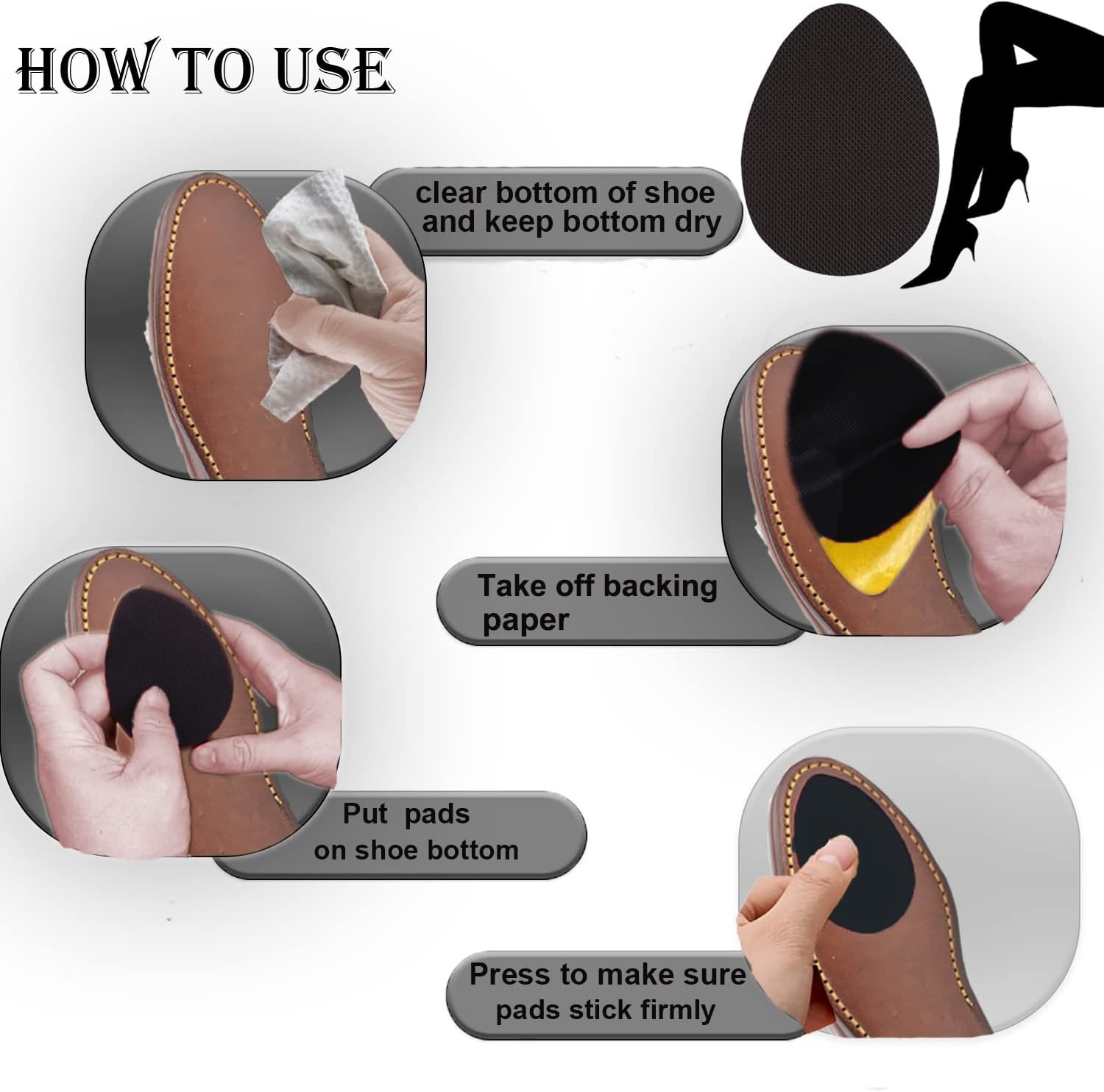 Non-Slip Shoes Pads Sole Protectors Adhesive, High Heels Black 4pairs 