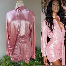 House Of CB Mini Skirt Blouse Set Metallic Pink Sz Small