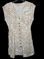 Loft Women Short Sleeve Linen Blend Button Front Dress 4 Tan Cream Floral V Neck