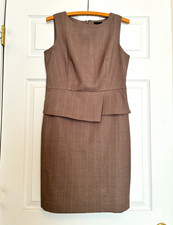 Ann Taylor Petite 4P Taupe Plaid Sheath Peplum Dress Round Neck Back Zip