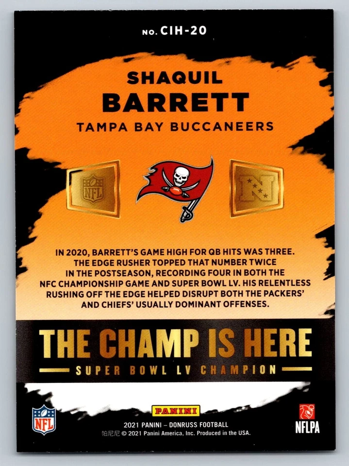 2021 Panini Donruss The Champ is Here #CIH-20 Shaquil Barrett Buccaneers - Image 2 of 2