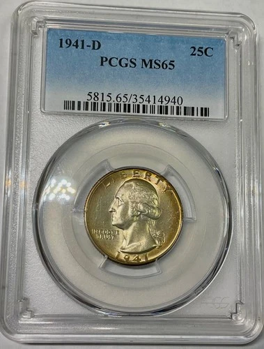 1941D WASHINGTON QUARTER PCGS MS65 Gem light rim tone nice Coin