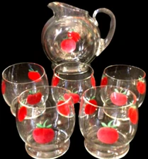 Vintage Juice Pitcher and glasses Mid Century Modern Hand Painted Tomatoes