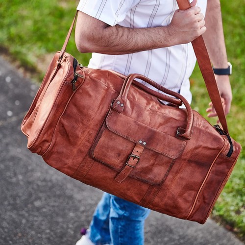 Sac De Sport Voyage Homme 25 Pouces – Cuir Marron Fait Main, Bandoulière Réglable