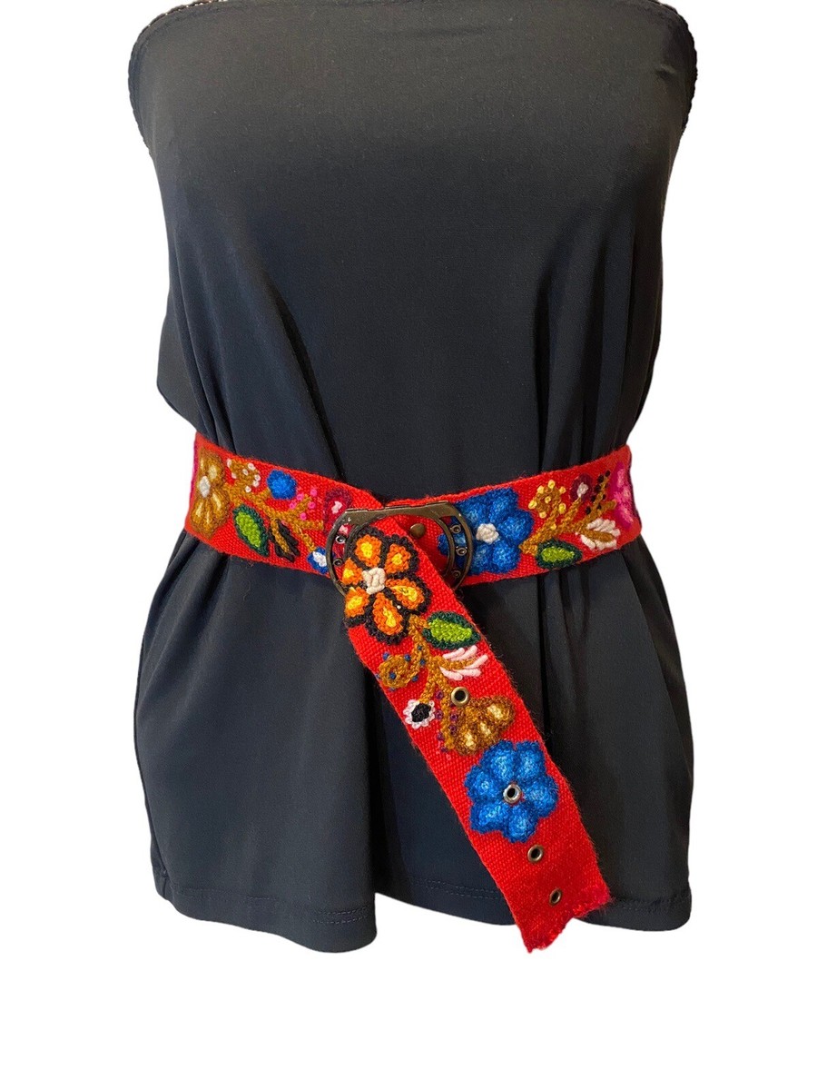 Peruvian Wool Embroidered Belt Handmade Turquoise Floral Embroidered Wool Belt | Peruvian  main image 2