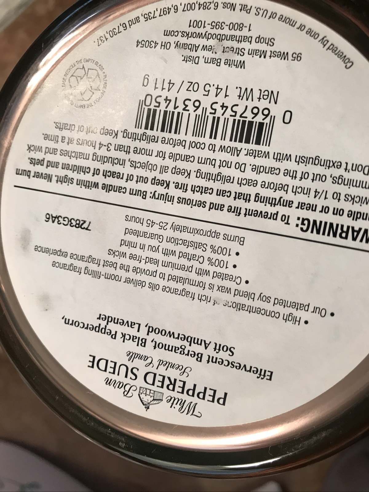 White Barn Bath & Body Works Home 3 Wick Candle Peppered Suede White