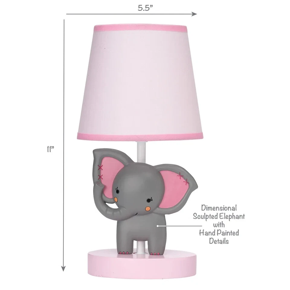 BO - Lámpara infantil Twinkle Toes rosa y gris elefante 11" con pantalla y bombilla Foto 3 de 4