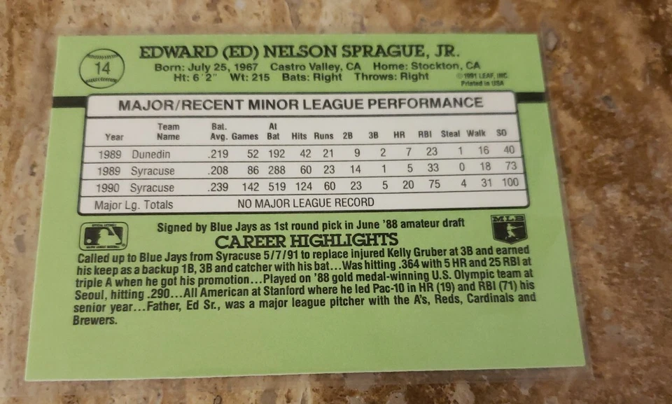Donruss 91 Baseball Ed Sprague - Image 2 of 2