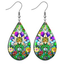 Pendientes de lágrima de diseño floral 2D impresión de arte floral colgantes alambres de ley