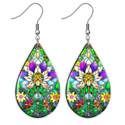 Floral Design Teardrop Earrings 2D Vector Flower Art Print Dangle Sterling Wires