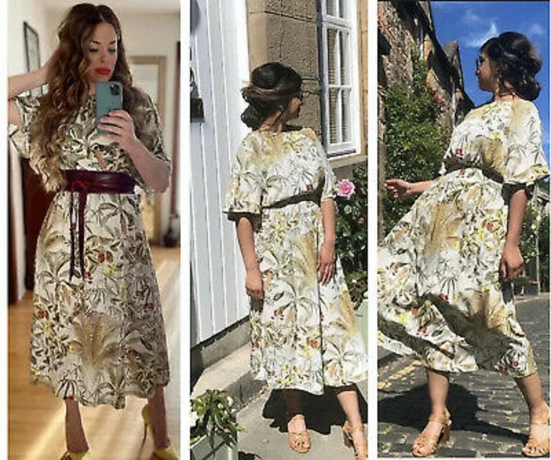 H M Beige Midi Palm Leaf Floral Print Botanical Midi Dress size M 12 14 16
