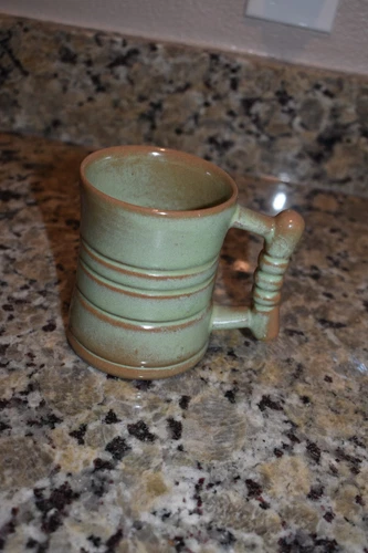 Vintage Frankoma C3 Coffee Mug Plainsman Green/Brown Art Pottery 4" Tall Clay