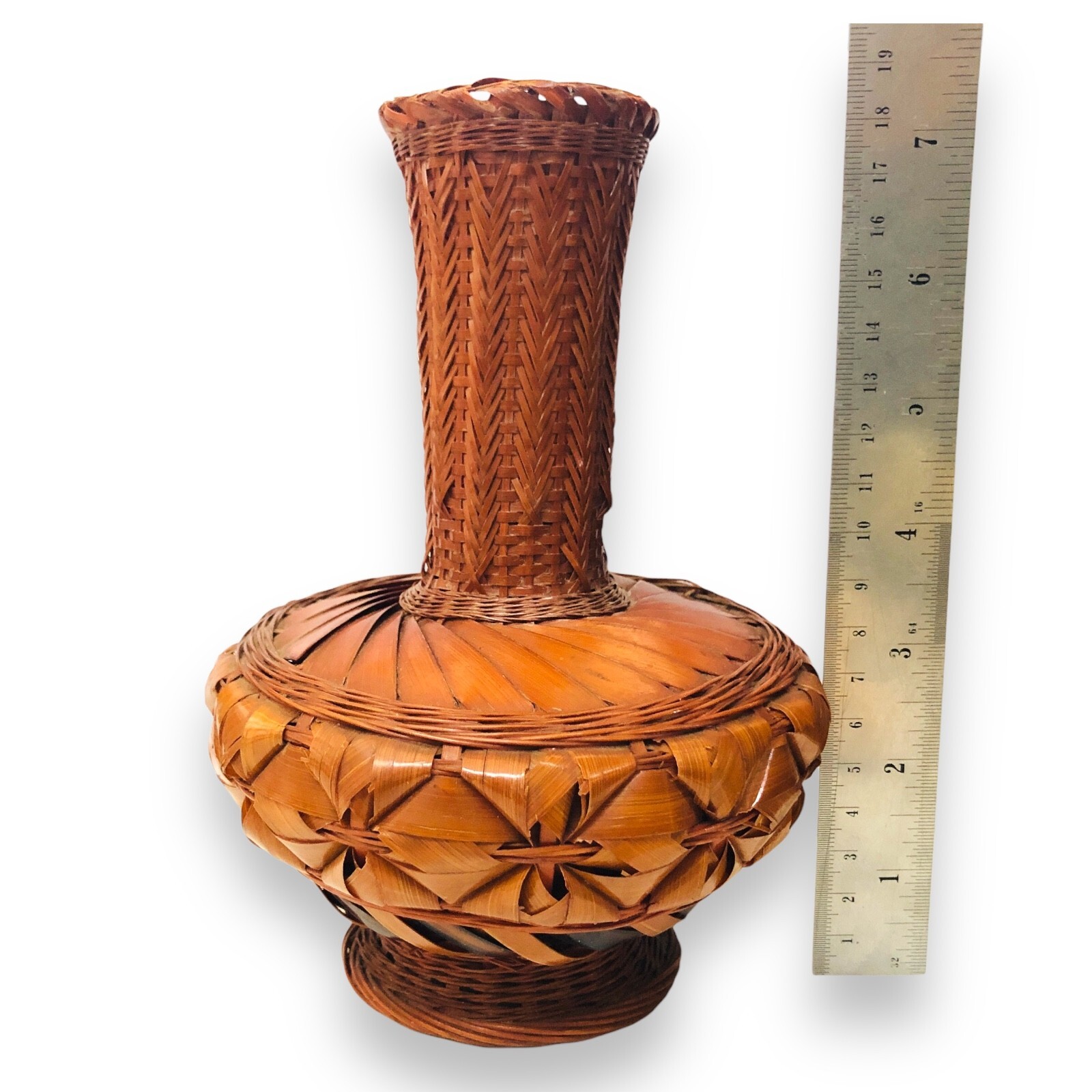 Japanese Bamboo Wicker Ikabena Vase Handcrafted Lacquer Boho Rustic Style V41