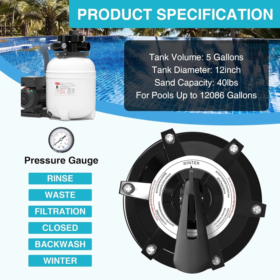 Sand Filter Pump for above Ground Pool with Timer, 12In Sand Filter 1/2HP Pool P - Image 4 of 4
