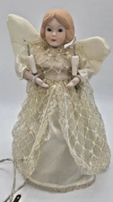 9" Vintage Lighted angel tree topper white and gold