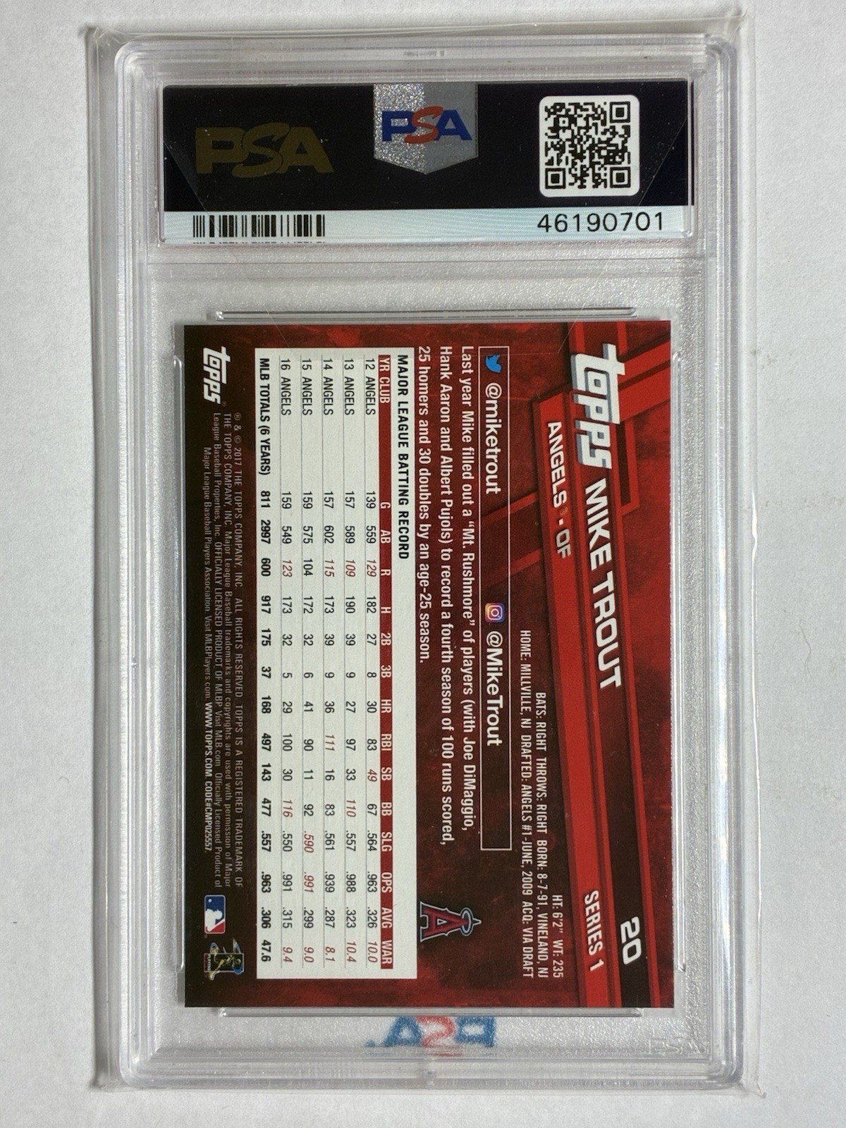 2017 Topps Series 1 Mike Trout #20 PSA 10 Gem Mint Image Variation Holding Bat view 2