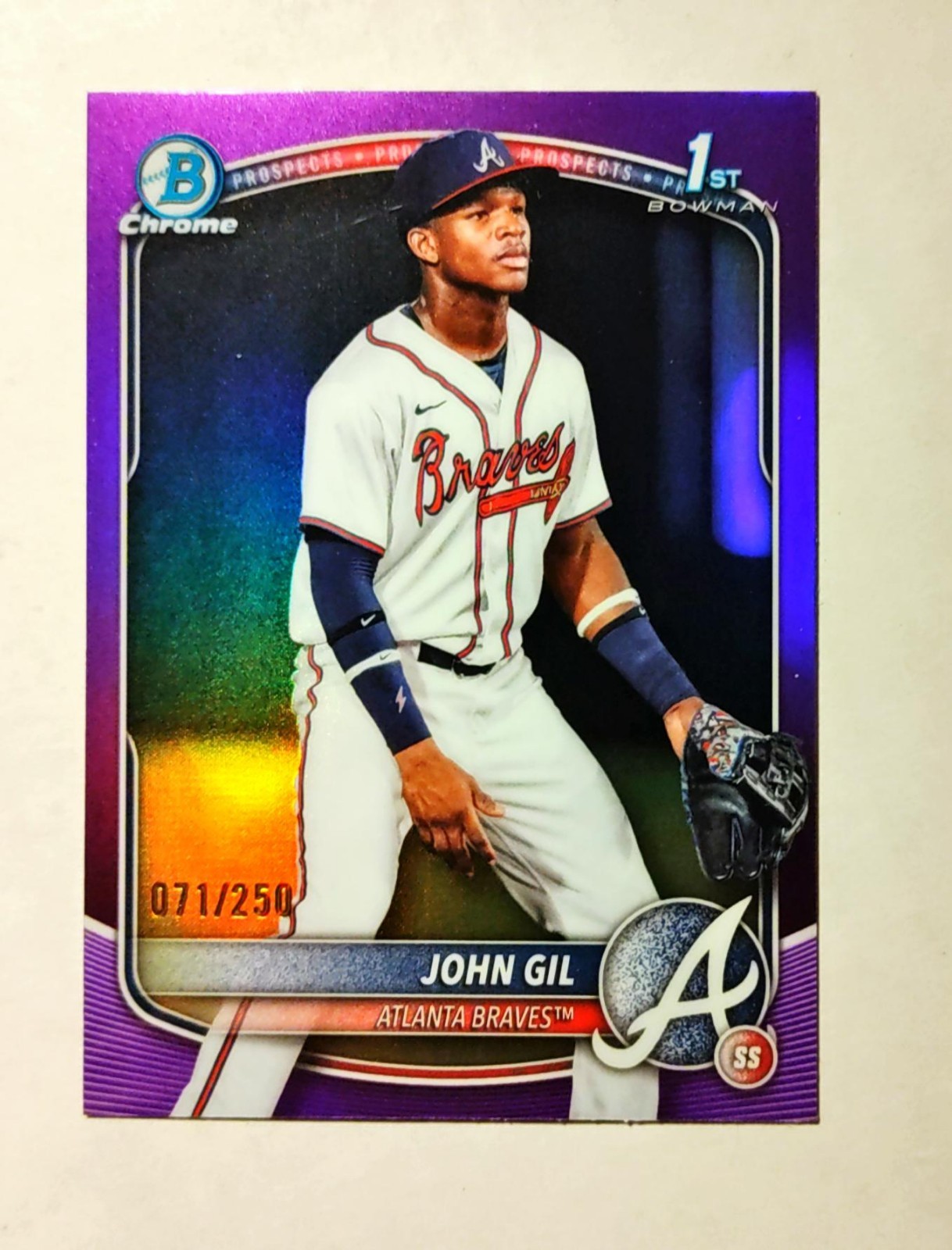 John Gil 2025 1st Bowman Chrome #BCP-172 True PURPLE REFRACTOR 071/250 RC C6