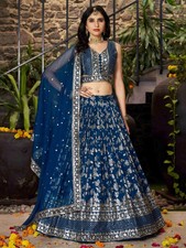Stylish Dola Silk Jacquard Lehenga Choli With Blue Dupatta For Wedding Function