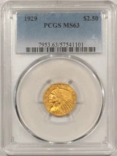 1929 $2.50 INDIAN GOLD QUARTER EAGLE - PCGS MS-63 FLASHY & CHOICE, FINAL YEAR!