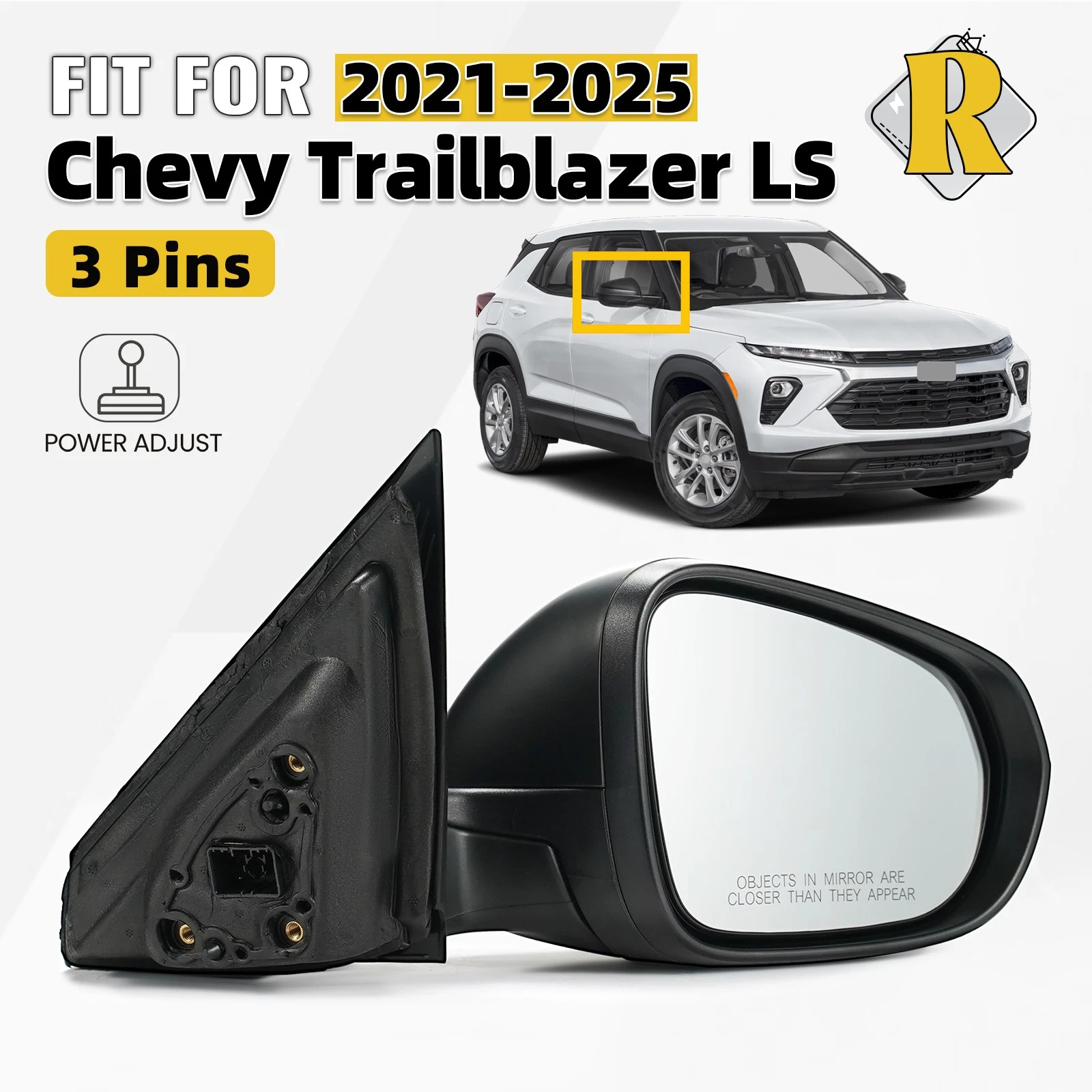 Right Side Mirror For 2021-2025 Chevy Trailblazer LS Textured Power Adjust 3 Pin
