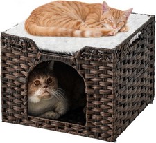 Cat Beds Indoor Kitten House Handwoven Rattan Cat Cave Pet Cube One Bed Mat