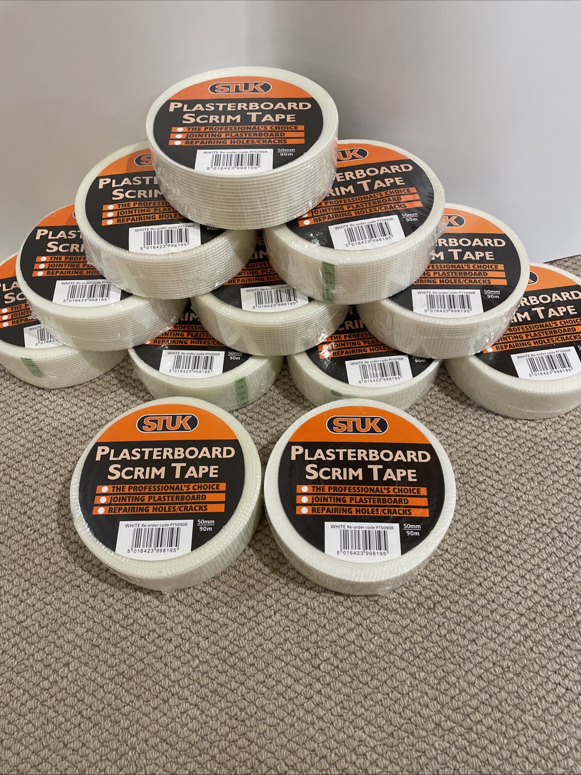 12 x 50mm x 90m STUK Plasterboard Drywall Scrim Tape Rolls, Plastering Tape