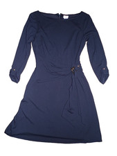 Cache Navy Blue Midi Dress 3/4 Sleeve Wrap Tie Gold Buckle Size Medium