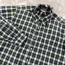 Brooks Brothers Dress Shirt Mens 16.5 Gray White Green Plaid Vintage Made In USA