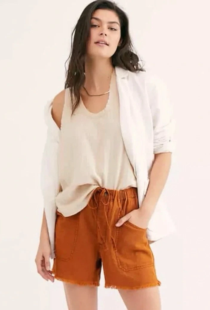 Free People Linen Blend Tomboy Shorts Terracotta Lagenlook Beach L Boho Granola