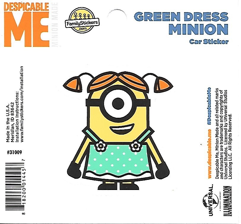Despicable Me Green Dress Minion Figure Peel Off Car Sticker Decal NEW  UNUSED