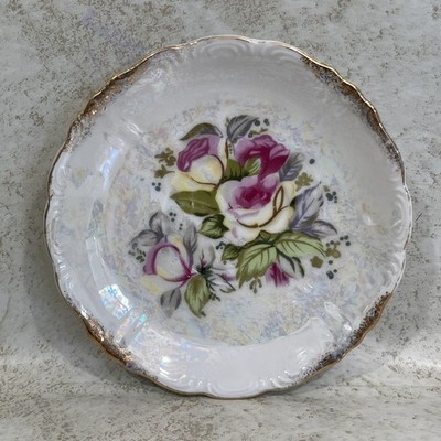 Vintage Nasco Del Coronado Porcelain Iridescent Saucer Floral Gold Trim 5.5 D