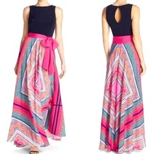 ELIZA J Women's 10 Petite Navy Blue Pink Bandana Print Chiffon Belted Maxi Dress