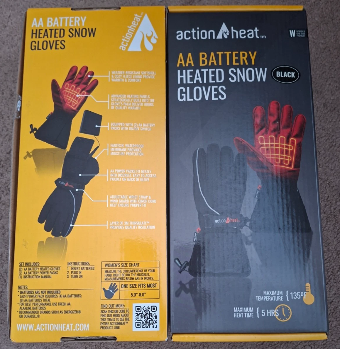 One Pair Action Heat Women's Heated Snow Gloves Black AA Battery New in Box Warm