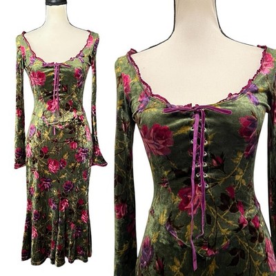 green emerald velvet dress Betsey Johnson F/W 2000 velvet floral dress – InLouve