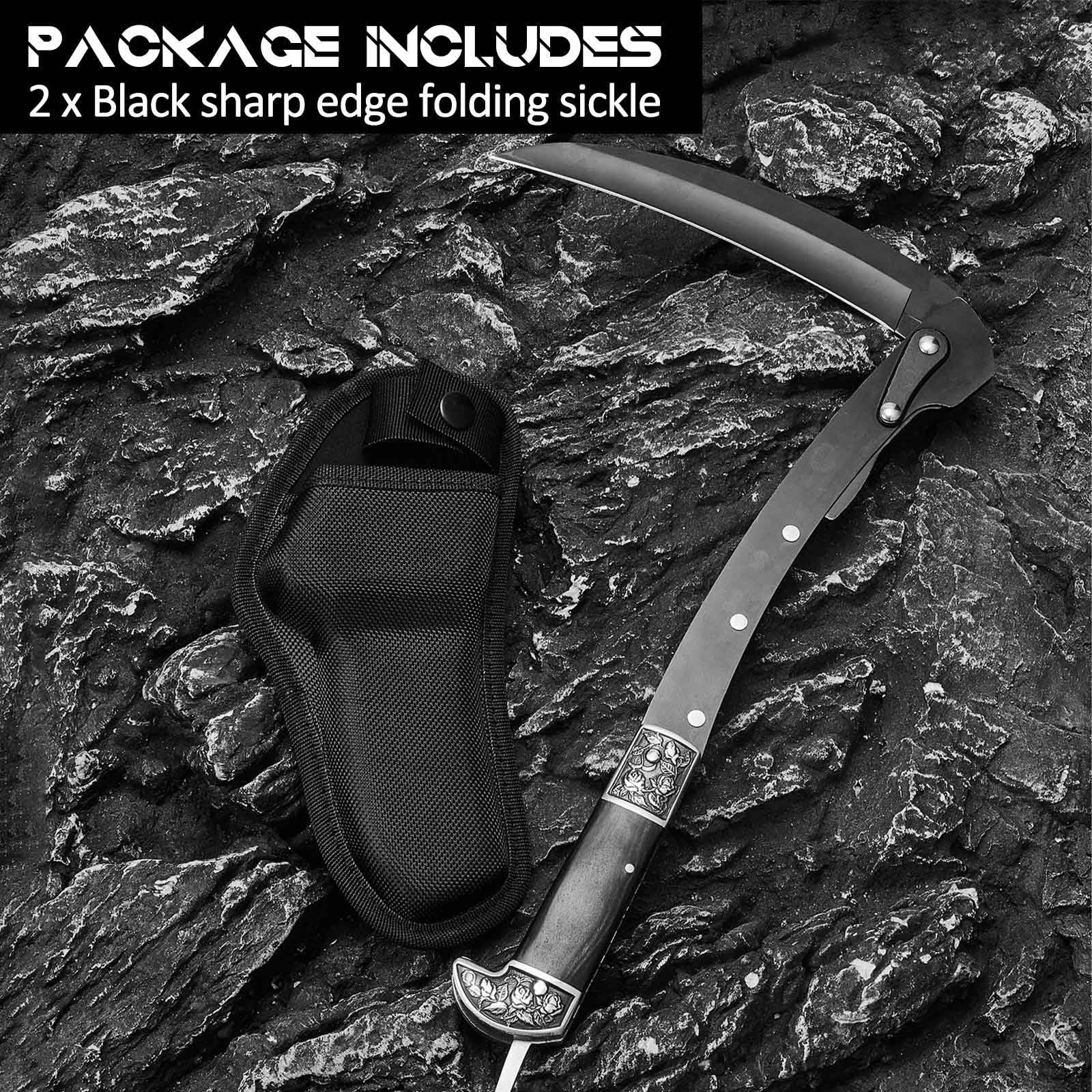 2 Pcs Black Sharp Folding Sickle 14.6 inch Grass Hand Sickle Knife Wooden Han...