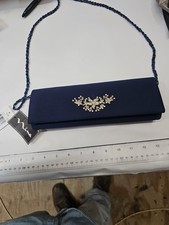 NINA Navy Blue Satin Evening Clutch w/ Crystal Floral Appliqu    New w/ Tags