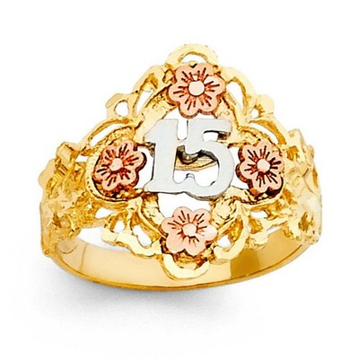 Multi Flower Sweet 15 Años 14k Tri Color Gold Ring Flor Quinceañera Oro Anillo