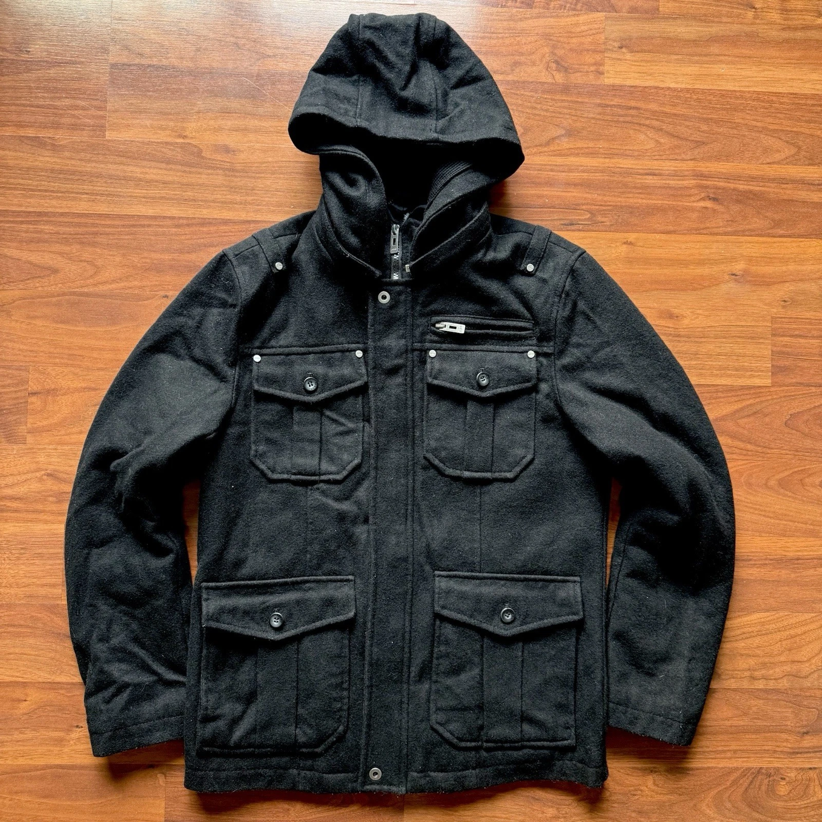 GUESS men's black hooded wool jacket Medium zip up mid length lined wool blend