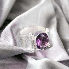 Sterling Silver Amethyst Stone Anniversary Promise Handmade Bezel Ring Size 7