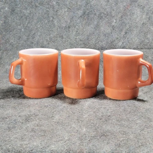 3 Vintage  Anchor Hocking Fire King Burnt Orange Stackable Coffee Mugs