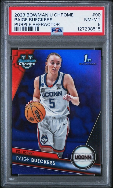 2023-24 Bowman Chrome U Paige Bueckers 1st Purple Refractor /399 UConn PSA 8