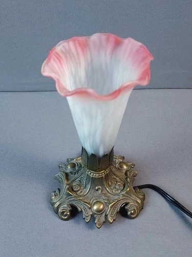 Vintage Tiffany Style Tulip Lamp Art Nouveau - Pink Frosted Glass Accent Light