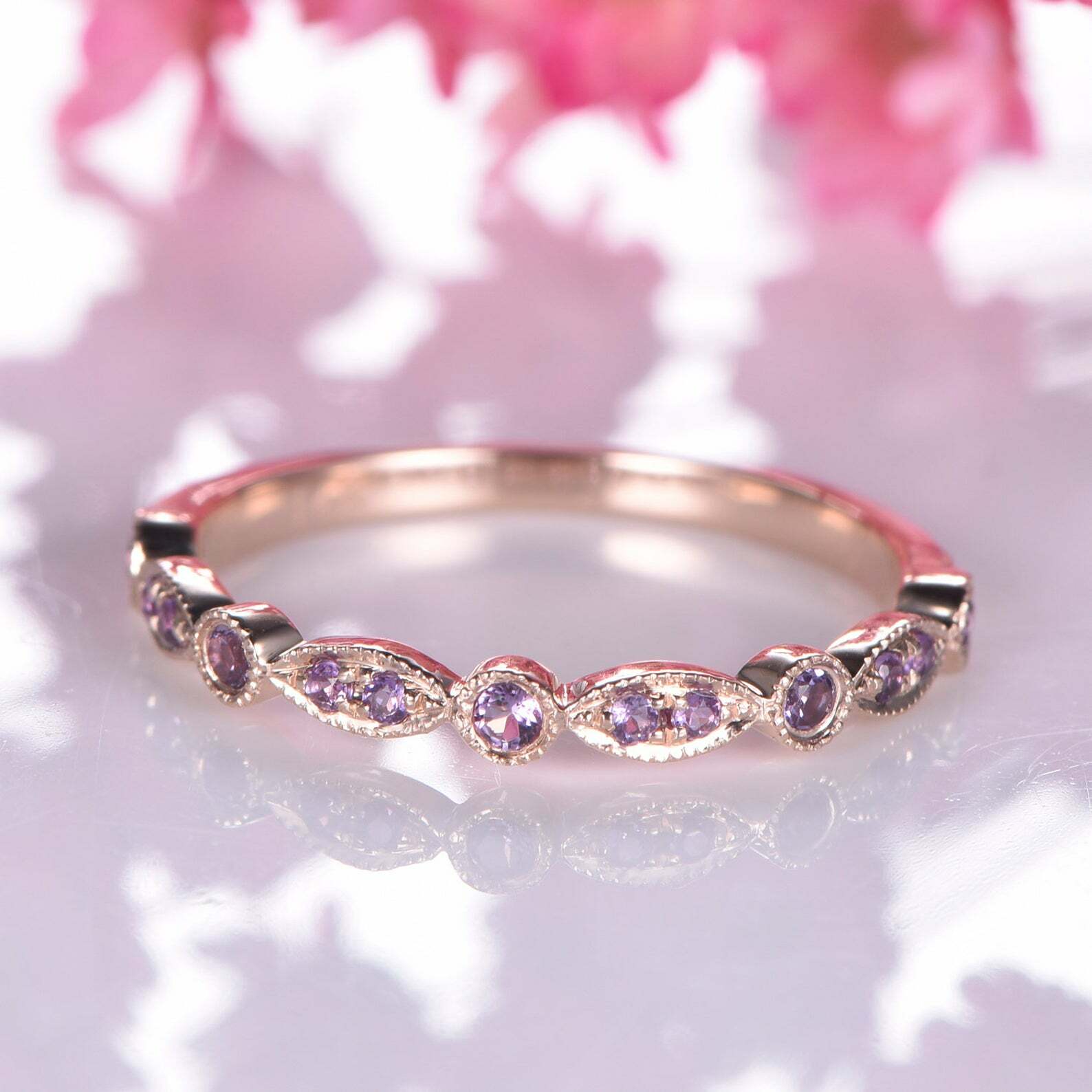 Natural Purple Amethyst Band Ring Vintage Half Eternity Rose Gold Plated Silver