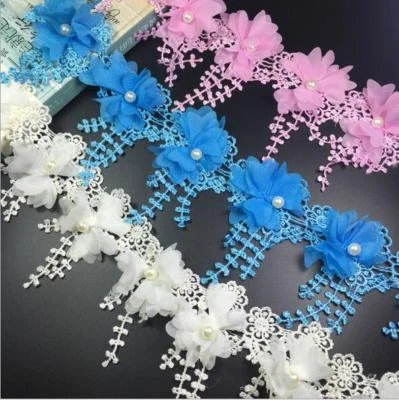 2 Yards Chiffon Polyester Spitze Blumen Perle Hochzeit Stickerei Nähen Handwerk - Bild 1 von 4