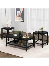 3-Piece Coffee Table Set, Industrial Style w/ 2 End Tables, Metal Frame