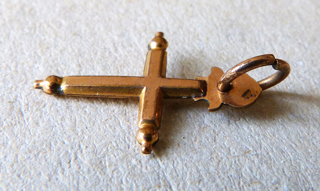 Pendentif Croix Ancien En Métal Doré Et Verre Coloré - Vers 1910 - Occasion - Bijou Vintage