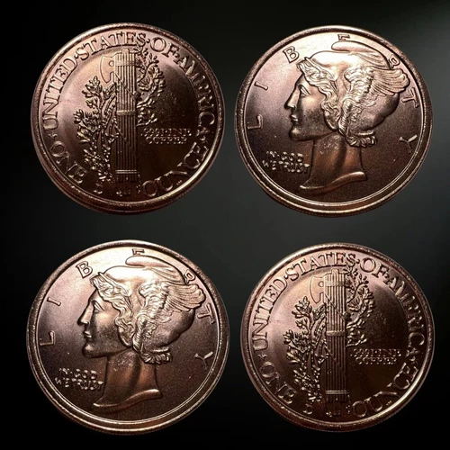 FOUR (4) -1 OZ Mercury Dime Round .999 Pure Copper Bullion (BU)